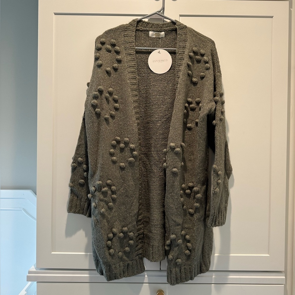 Esther& Co Knitted Oversized Cardigan Sweater. Greenish-grey PomPom Heart Design